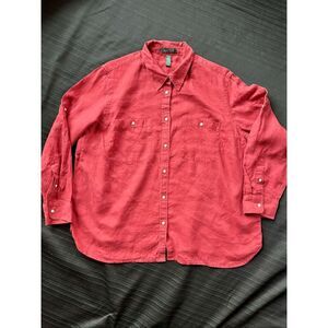 Lauren Ralph Lauren Redish Linen Button-Up Shirt 2X Embroidered Logo, Pockets